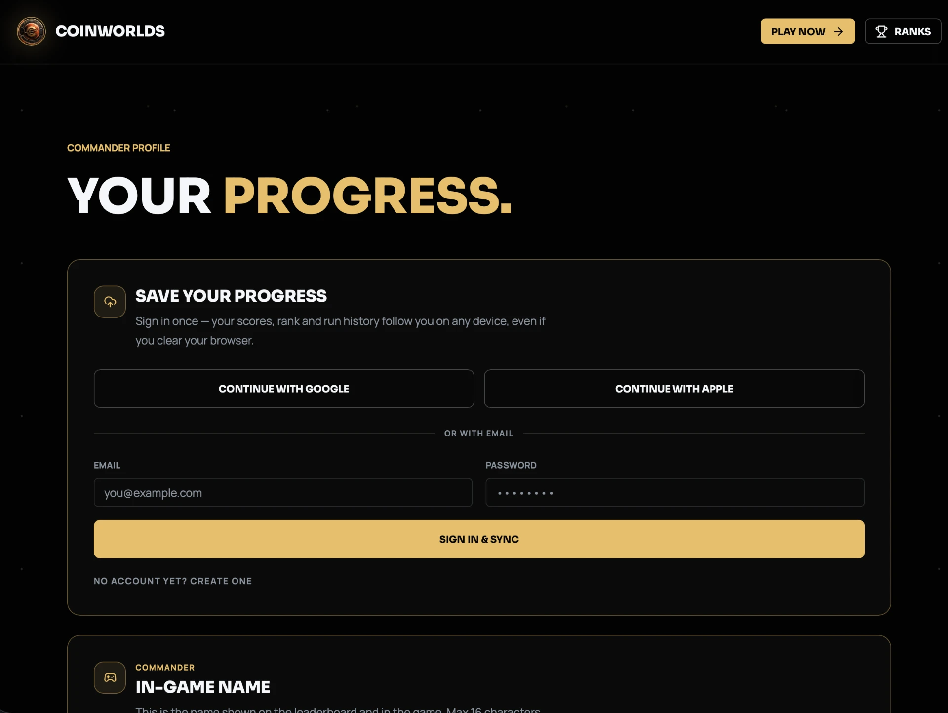 CoinWorlds profile login screen with Google, Apple and email sign-in
