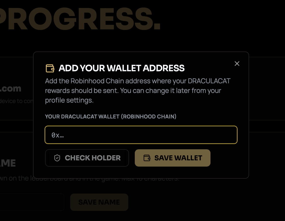 Add your wallet address dialog for the Robinhood Chain DRACULACAT wallet