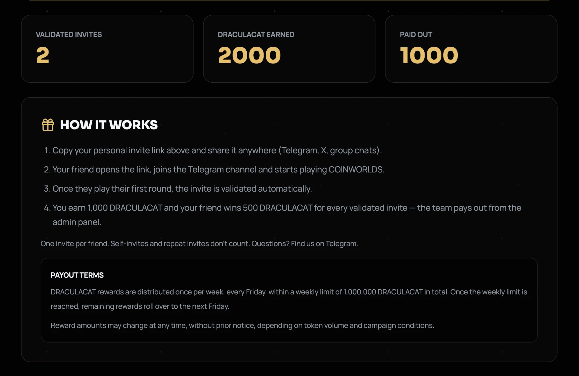 Invite statistics showing validated invites, DRACULACAT earned and paid out, plus how it works and payout terms