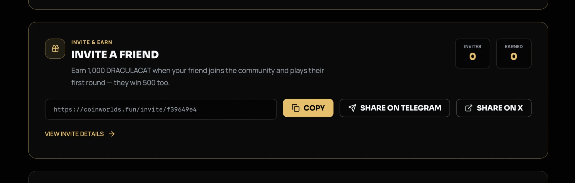 Invite a friend section on the profile with the personal invite link and share buttons