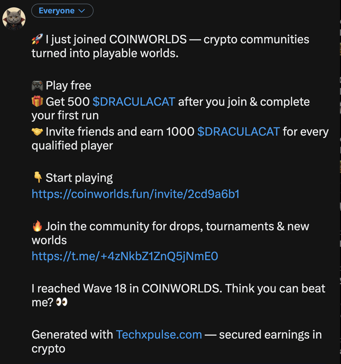 Ready-made invitation post on X with the invite link, Telegram community link and Wave 18 challenge